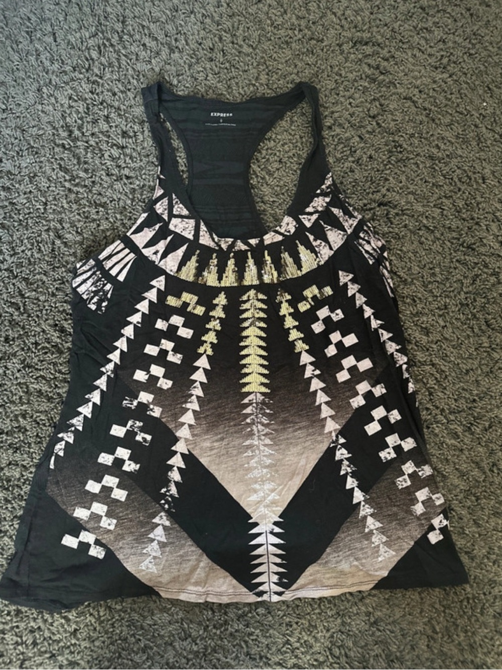 Express Black Tank Top with Geometric Cream & Pale Gold Print